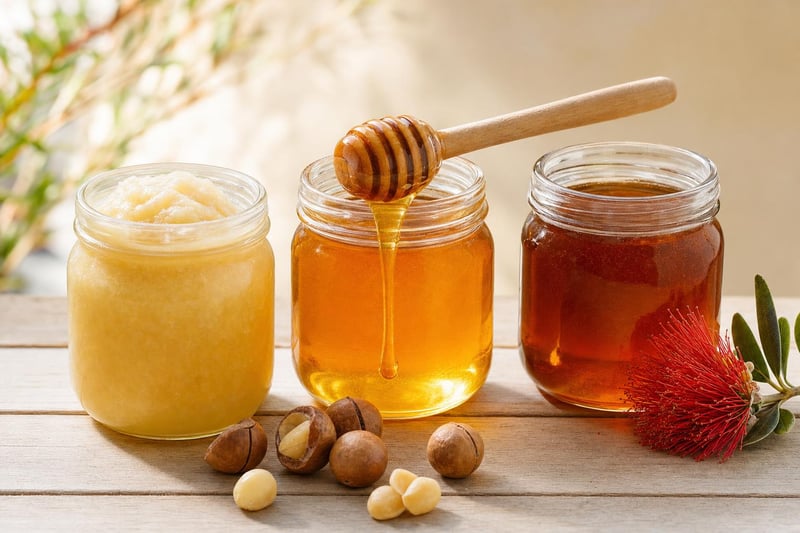 Three jars of Hawaiian honey with a wooden dipper drizzling honey