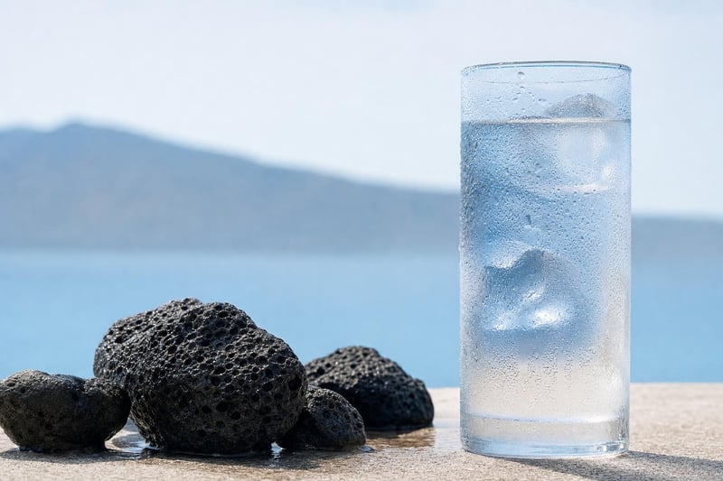 Tall glass of crystal-clear iced water beside dark porous volcanic lava rock