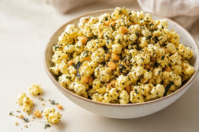 Bowl of Hawaiian hurricane popcorn tossed with furikake and mochi rice crackers