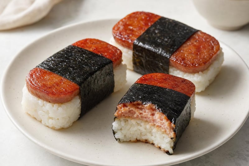 Three pieces of Spam musubi on a plate, one with a bite taken to show the layers