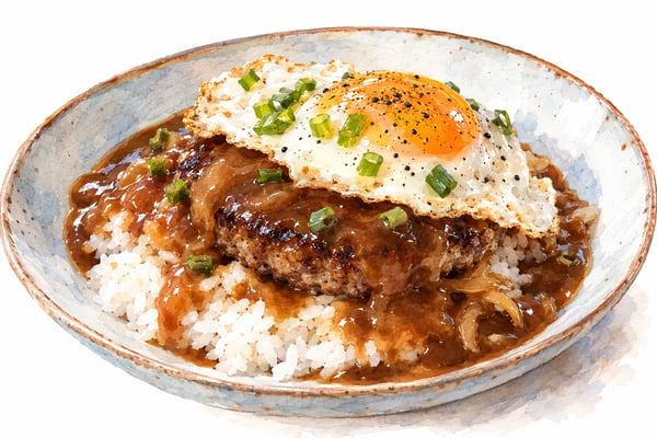 Watercolor illustration of loco moco with white rice, a hamburger patty, fried egg, brown gravy, and green onion